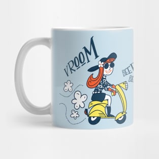 Cute and Fun Mid-Century Modern Girl on Yellow Italian Vespa Scooter Mug